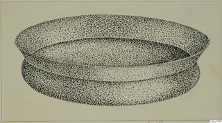 Stippled ink drawing of a shallow bowl with a wide, flaring rim, seen at an angle from above