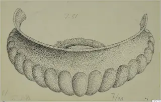 Stippled ink drawing of a bowl from Idalion with a flaring rim and a row of oval lobes around the body