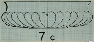 Drawing of a bowl in side profile, with a flared rim and a lobed lower body, on grid paper
