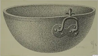 Stippled drawing of a bowl with a curving applied relief ornament on its outer side