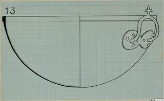 Drawing of a bowl profile with a looped handle at the upper right, on squared paper