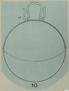 Drawing of a round-bodied vessel with a strap handle on top, on blue grid paper