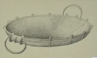 Drawing of an oval bowl with two large ring handles and small knobs around the rim