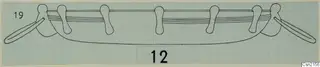 Drawing of a bowl in side view, with five upright lugs and two long side handles, on squared paper
