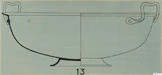 Drawing of a wide bowl in profile with two loop handles and a low ring foot.
