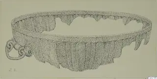 Stippled pen drawing of a fluted bowl from Idalion with a looped attachment on the left side.