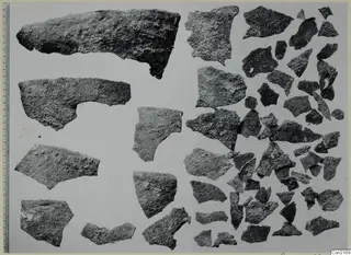 Pottery sherds laid out on a pale background, with a measuring scale along the left edge