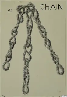 Stippled ink drawing of three metal chains joined at the top and hanging down, with a printed heading.