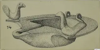 Drawing of a metal lamp with a spout, a hooked handle and loop lugs, with a number label