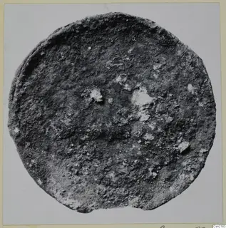Corroded metal disc fragment, seen from above against a plain light background