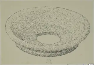 Stippled drawing of a bronze ring-shaped fitting with a wide central opening, seen at an angle