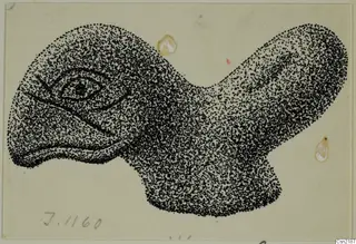 Stippled ink drawing of a metal fragment with an incised almond-shaped eye and curved lines