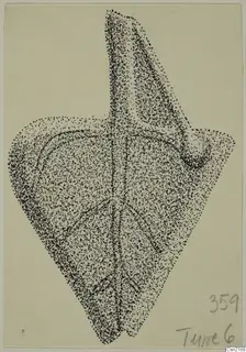 Stippled ink drawing of a bronze fragment from Idalion, broad and pointed with a raised side tab