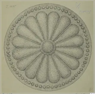 Stippled drawing of a round bronze mounting with petal-shaped lobes around a central boss and a dotted rim