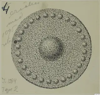 Field drawing of a circular bronze mounting from Idalion, shown in dense dots with pale spots around the rim.