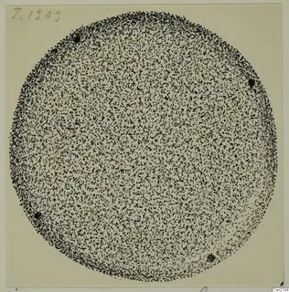 Stippled ink drawing of a round metal object from Idalion, with dense dots and four dark spots near the rim.