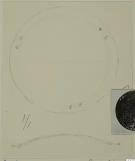 Pencil drawing of a ring-shaped bronze mount with small holes around its rim, with a curved fragment in profile below