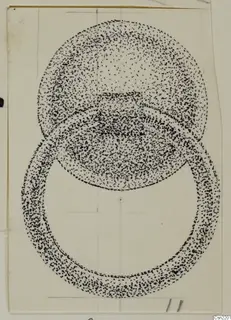 Stippled ink drawing of a bronze mounting: a rounded disc overlapping a broad ring.
