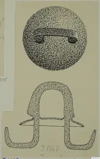 Drawing of bronze mountings and fragments: a stippled disc with a raised band, and an arched piece with hooked ends