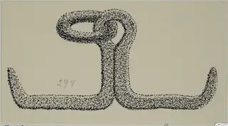 Stippled drawing of a bent metal mounting fragment with a loop at the top, from Idalion
