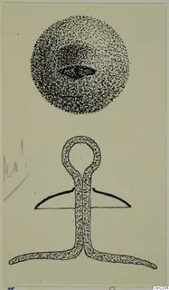 Pen drawing of metal objects: a stippled disc with a dark slit, and a looped piece with a curved bar and two long arms below.