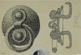 Ink drawing of two bronze fragments from Idalion, with a small photograph of a domed object at the bottom centre.