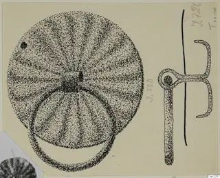 Drawing of bronze mountings and fragments: a stippled round disc with a loop, and a pin with a looped head beside it.