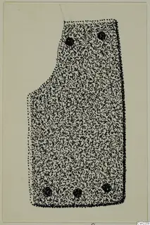 Stippled drawing of a bronze mounting fragment with five small holes, on a pale card