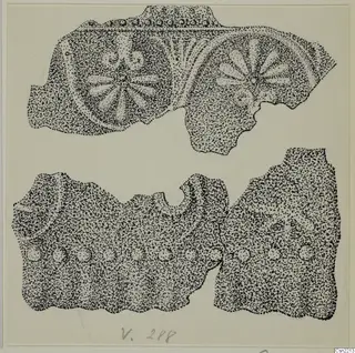 Stippled drawing of bronze mount fragments with rosette designs on the upper pieces and rivet holes on the lower pieces.