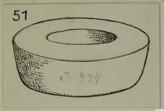 Pen drawing of a thick ring-shaped object with a wide central hole, labelled J.434