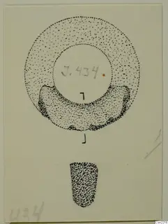 Drawing of ring-shaped jewellery, J.434, with a small tapering object below it