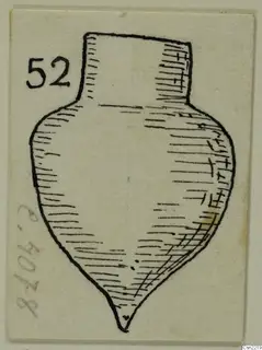 Pen drawing of a vessel with a tall neck and pointed base, on a card with a number label