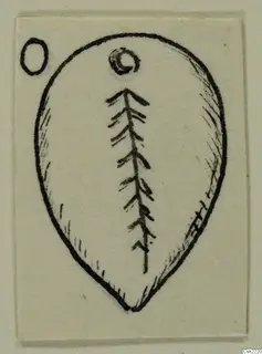 Ink drawing of a leaf-shaped pendant with a loop at the top and a branching linear pattern down the centre.