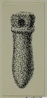 Stippled ink drawing of an elongated pendant with a small dark mark near the top