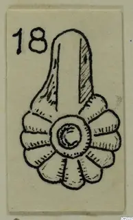 Ink drawing of a jewellery pendant with a long rounded top above a ring of lobed petals, on a card with a number label