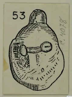 Ink drawing of a pendant with a loop-like knob at the top and a horizontal bar with two rounded ends