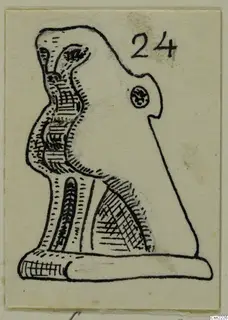 Pen drawing of a small stylised figure-like object with a rounded head, shown on a card with a number label