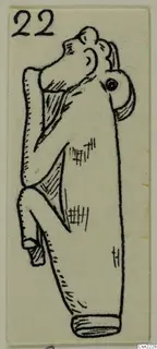 Pen drawing of a small figurine with a large rounded head and one arm bent up, with a number label.