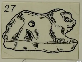 Pen drawing of a small animal-like figure with a round hole in its body, shown in side view with a number label