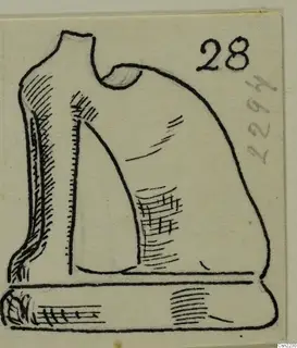 Pen drawing of a fragmentary sculpted object in side view, with a number label