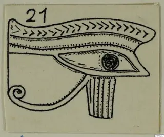 Ink drawing of a stylised eye motif, a jewellery find from Marion, with a number label