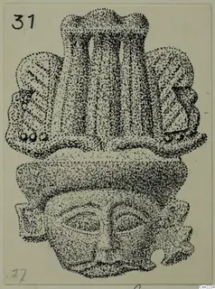 Stippled ink drawing of a sculpted head with a tall grooved headdress, side scrolls and almond-shaped eyes