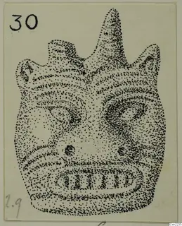 Stippled ink drawing of a stylised head with a tall projection on top and large eyes, on a pale card.