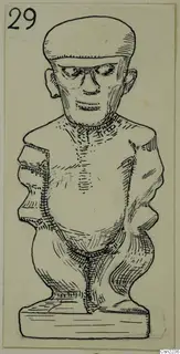 Pen drawing of a small standing human figure on a rectangular base