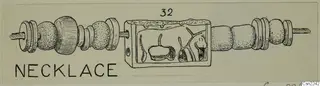 Pen drawing of a necklace of mixed beads and a rectangular pendant with a raised figure inside.
