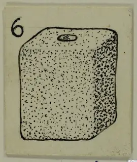 Drawing of a block-shaped object from Amathus, with stippled shading and a small oval recess near the top