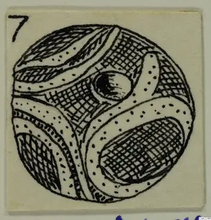 Ink drawing of a round bead decorated with curving bands, dots and cross-hatching.