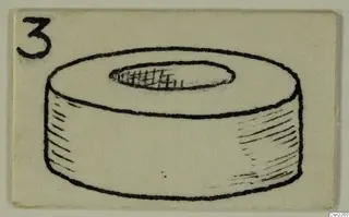 Drawing of a thick disc-shaped object with an oval hollow in its top, from Lapithos, with a number label