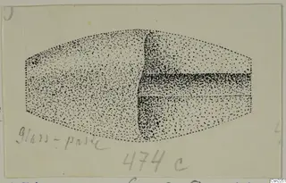Stippled drawing of a single elongated object with a dark horizontal band, on a pale card, with handwritten notes