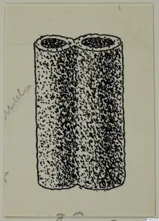 Ink drawing of two joined cylinders, each with an open hole at the top.